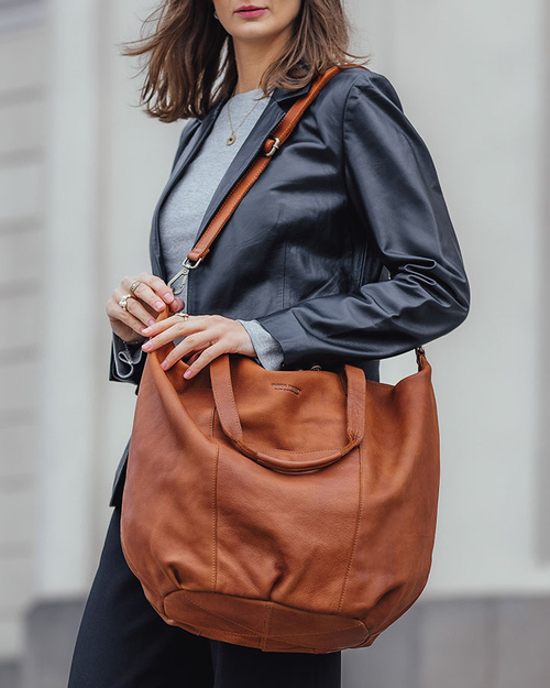 Torba damska skórzana shopper z kieszeniami - It bag MARCO MAZZINI brąz camel