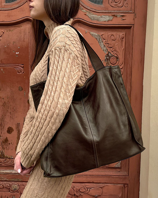 MARCO MAZZINI Torebka miejski shopper bag skóra naturalna handmade ciemny brąz caffe