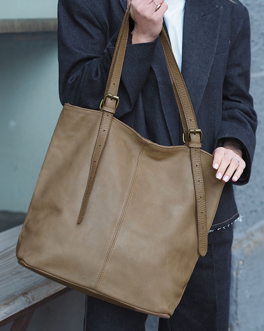 Torebka damska shopper z regulacją rączek skóra old pelle - MARCO MAZZINI beż taupe