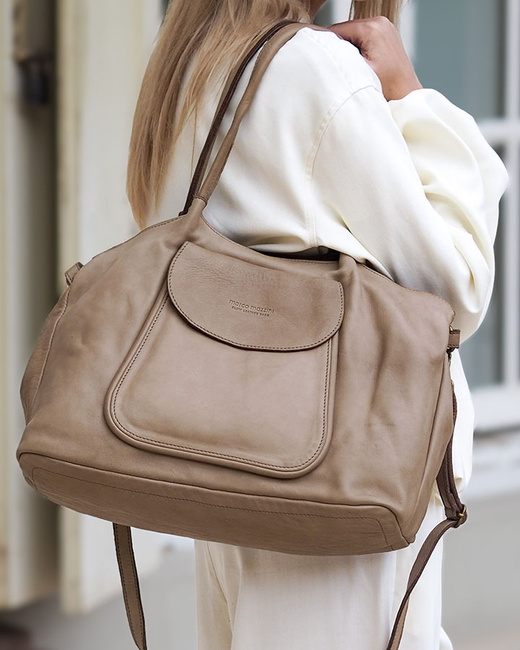 Torebka shopper skórzana A4 na ramię – beżowy taupe MARCO MAZZINI