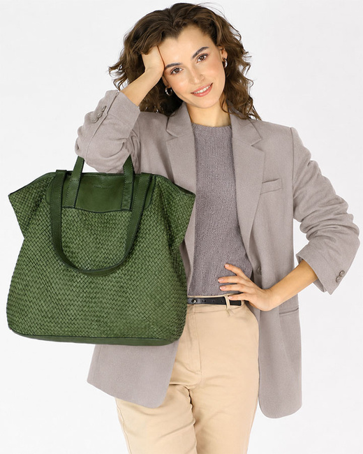 Torba damska pleciona shopper & shoulder leather bag - MARCO MAZZINI zielony militare