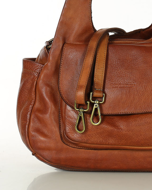 Włoska torebka skórzana z kieszenią z przodu retro bag handmade - MARCO MAZZINI brąz camel