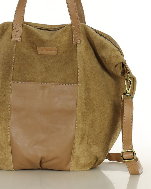 Torba skórzana zamszowa shopper z kieszeniami - It bag MARCO MAZZINI beżowa
