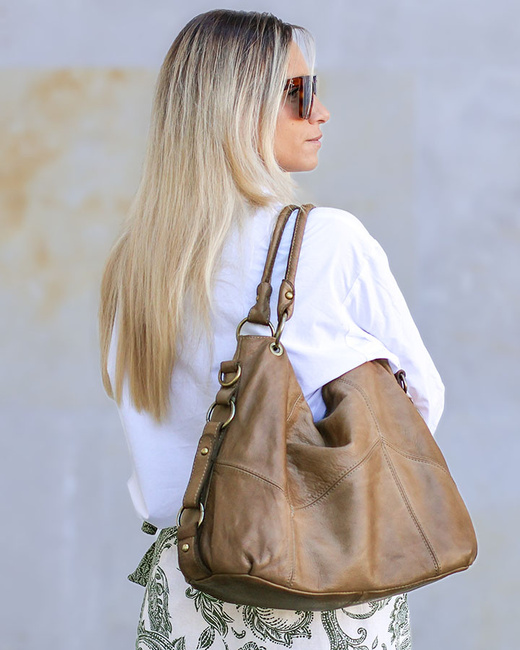 MARCO MAZZINI Miejska torebka skórzana na ramię city sholder handmade bag beżowy